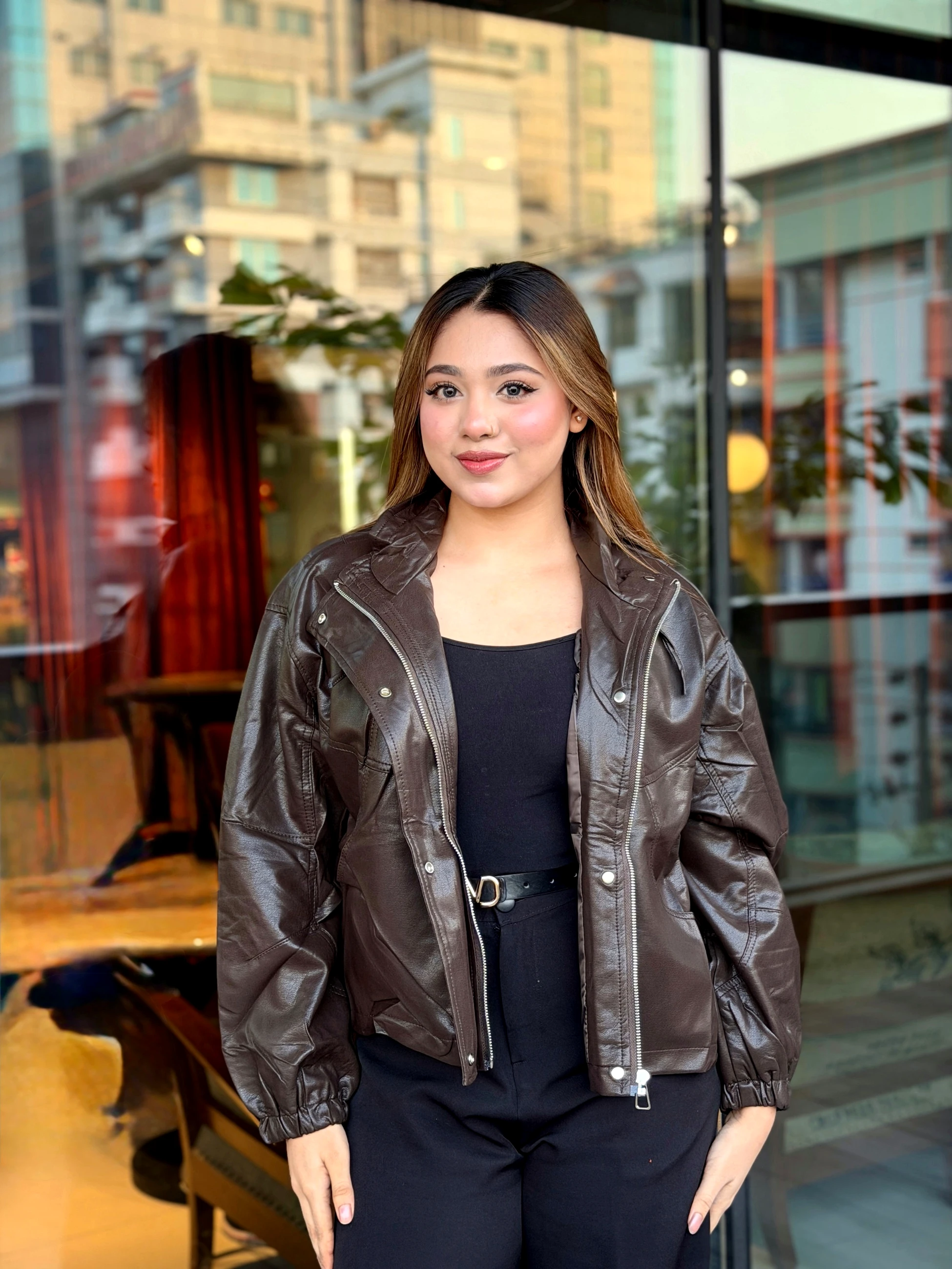 Elegant PU Leather Jacket-3001 (Coffee)