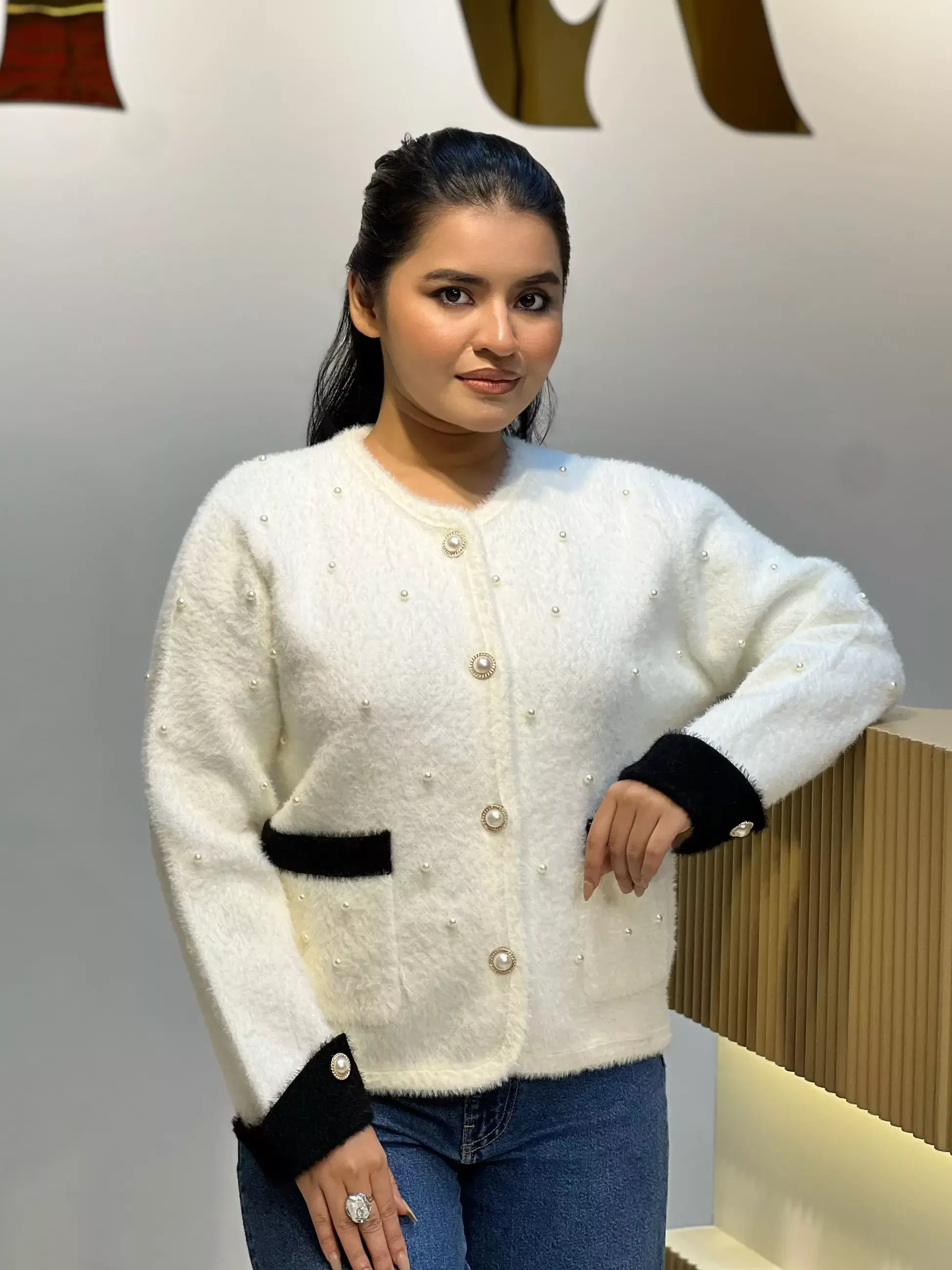 Korean Inspired Ladies Sweater-6128 (Cream/Black)