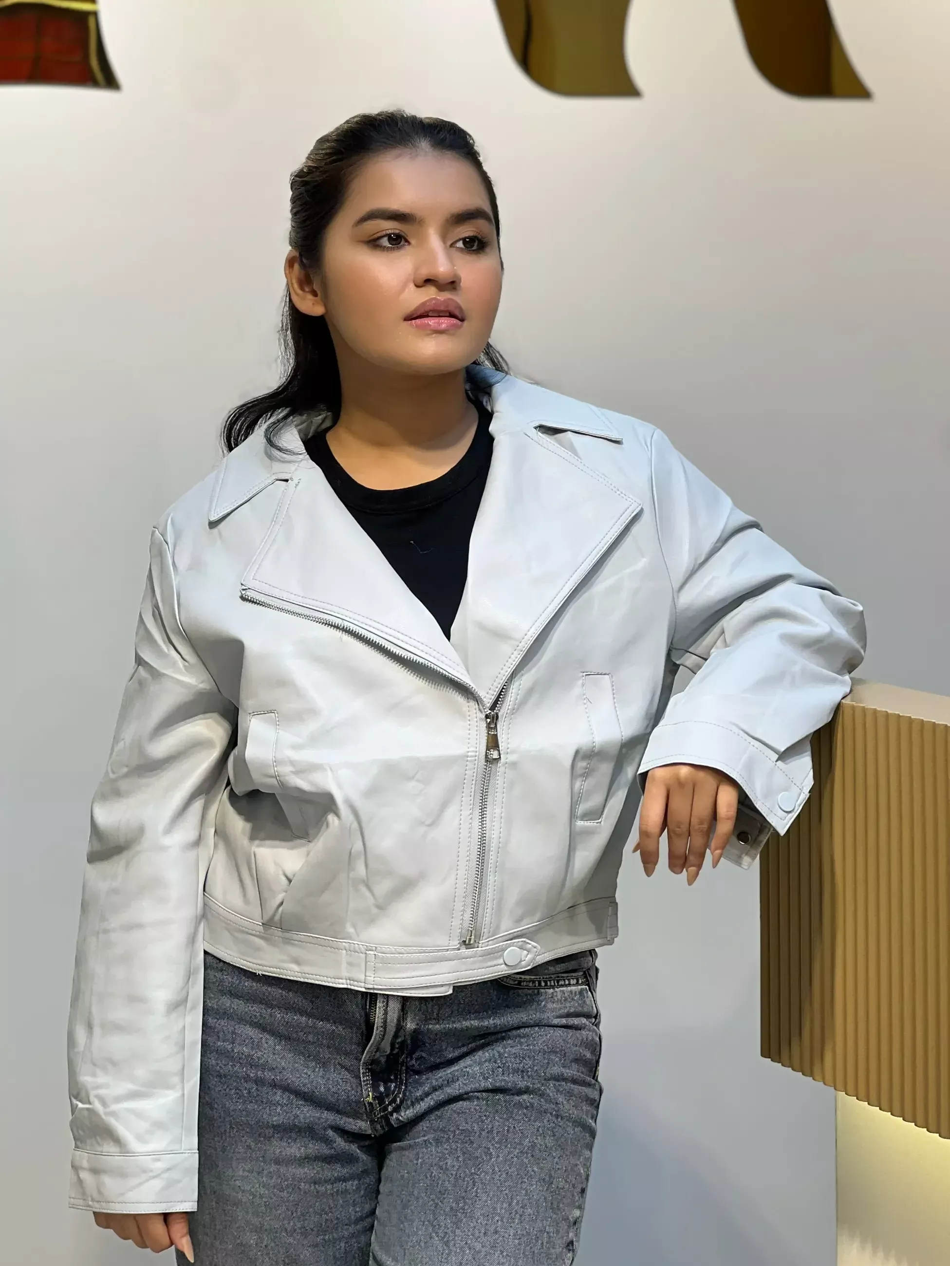 Elegant PU Leather Jacket-6201 (Sky)