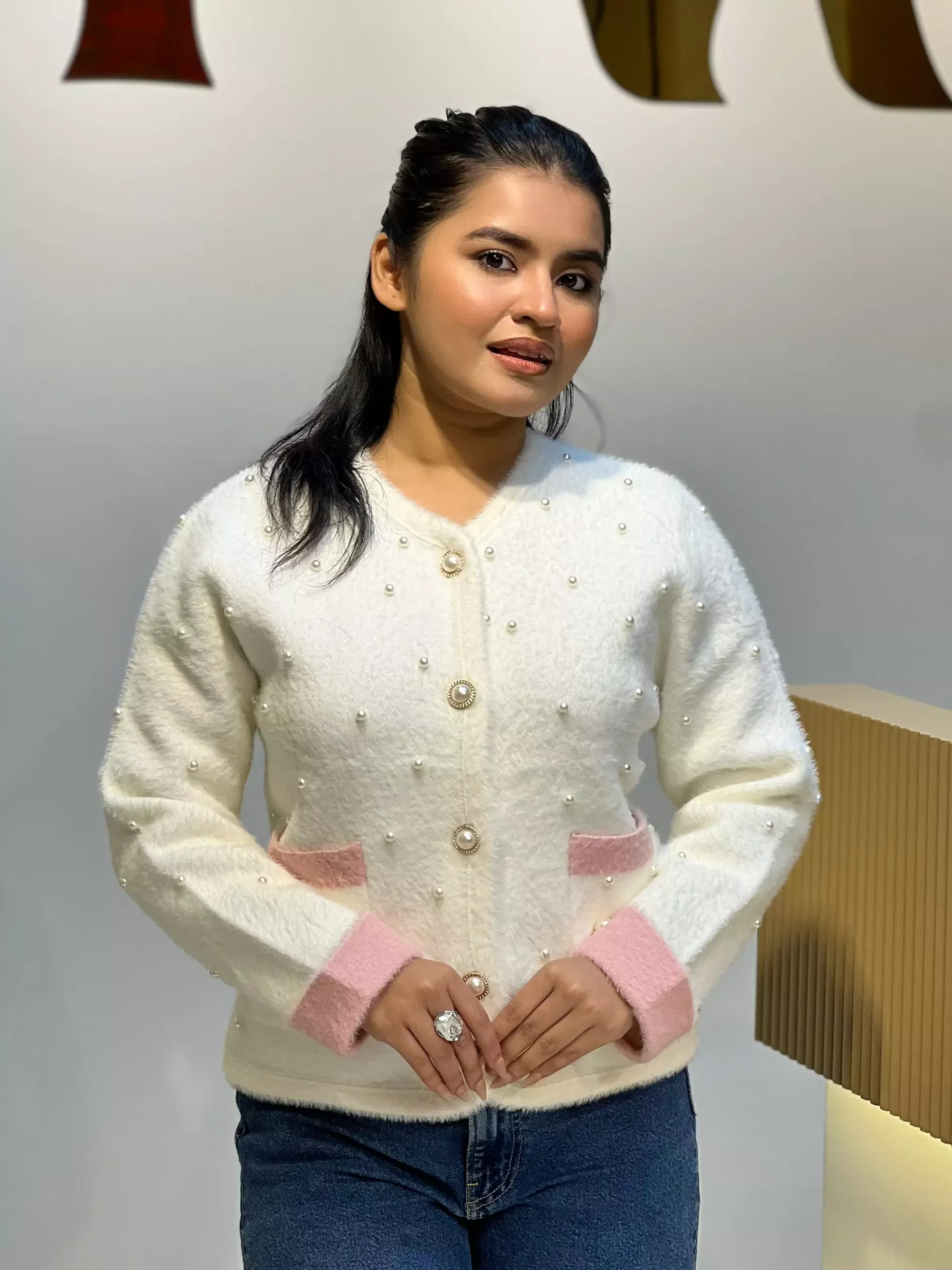 Korean Inspired Ladies Sweater-6128 (Cream/Pink)