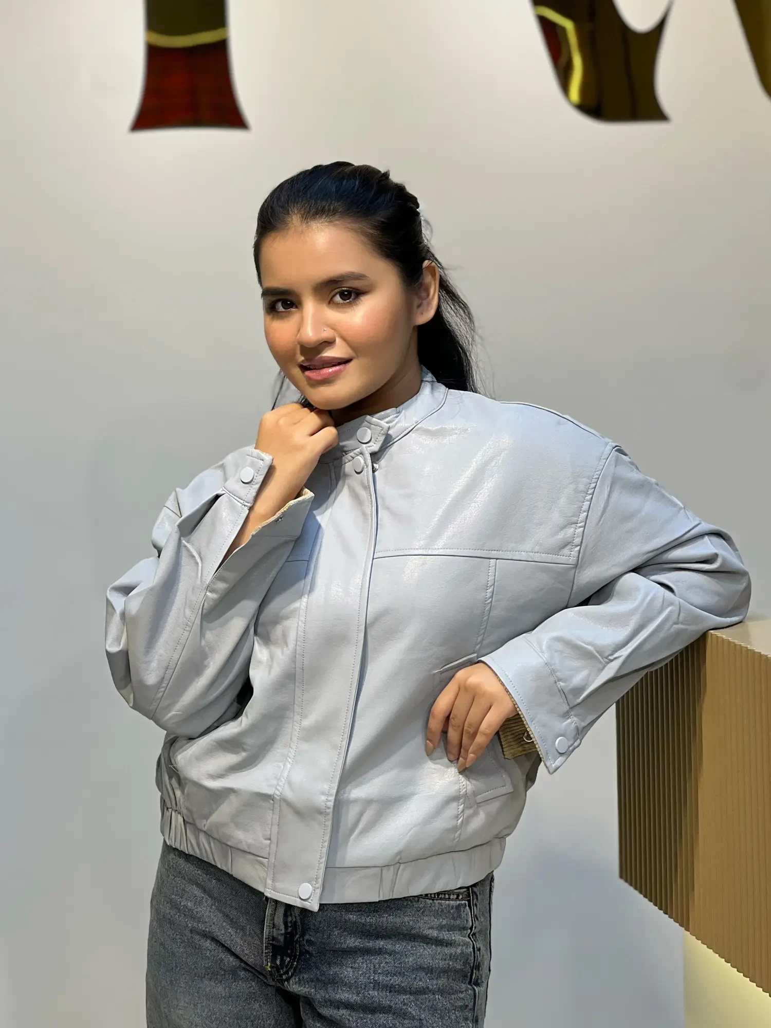 Elegant PU Leather Jacket-9071 (Sky)