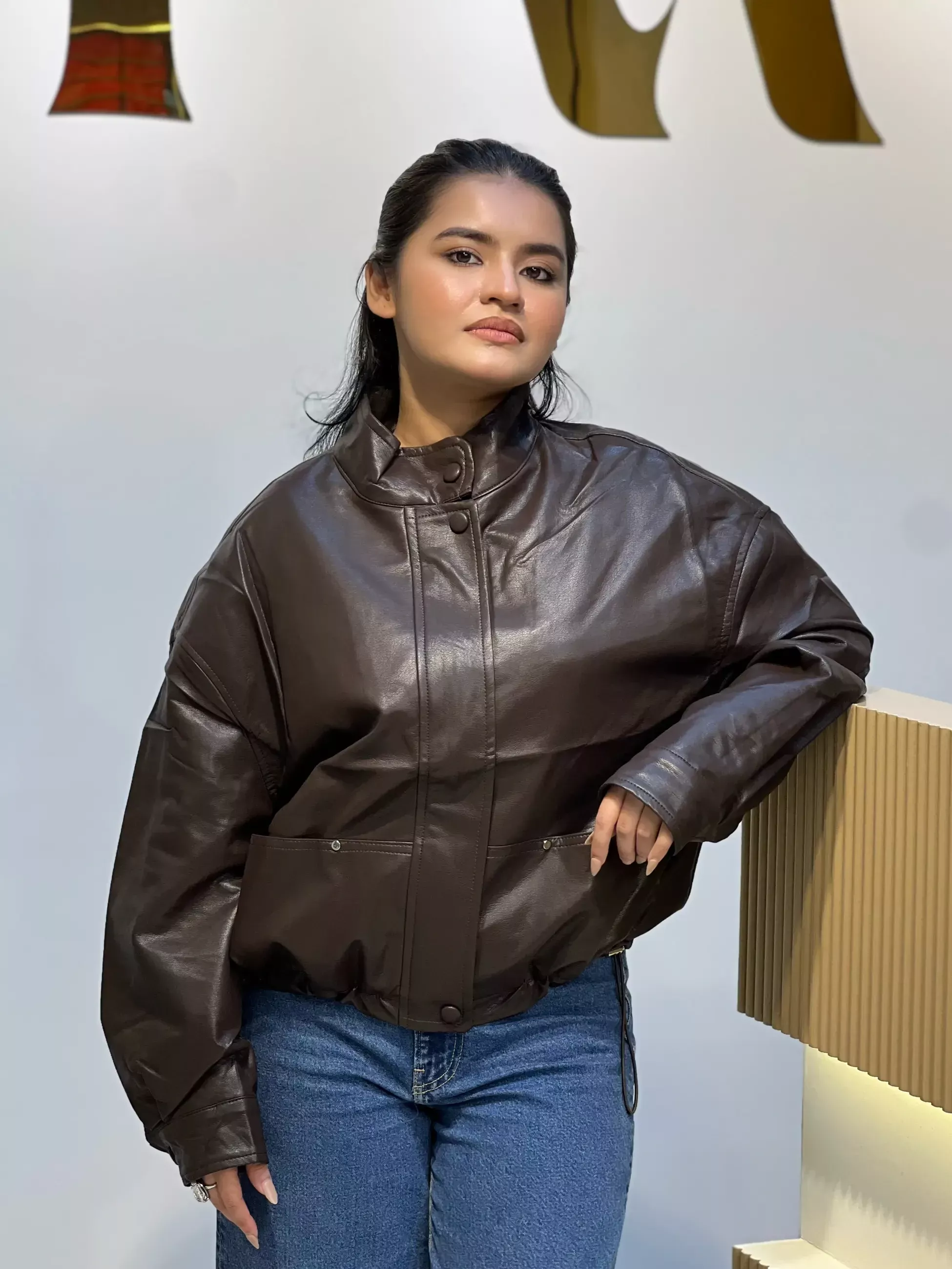 Elegant PU Leather Jacket-3007 (Coffee)