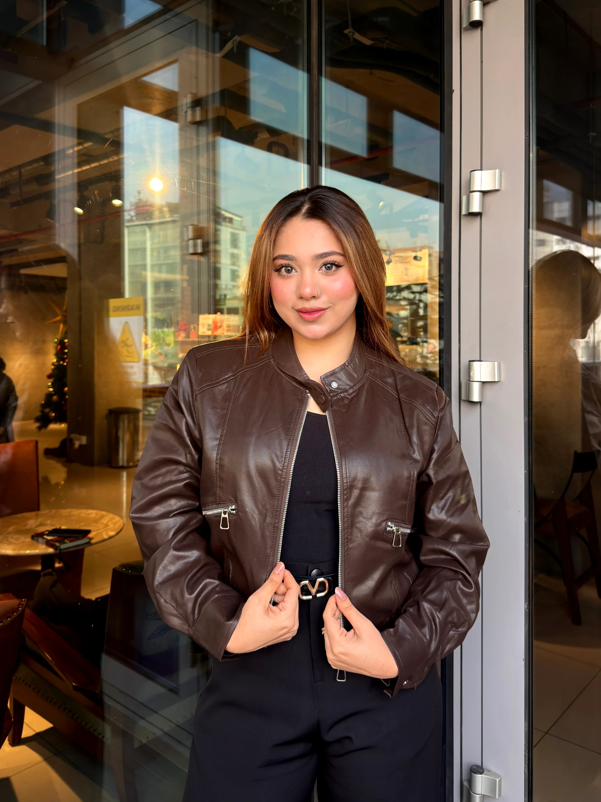 Elegant PU Leather Jacket-6283 (Coffee)