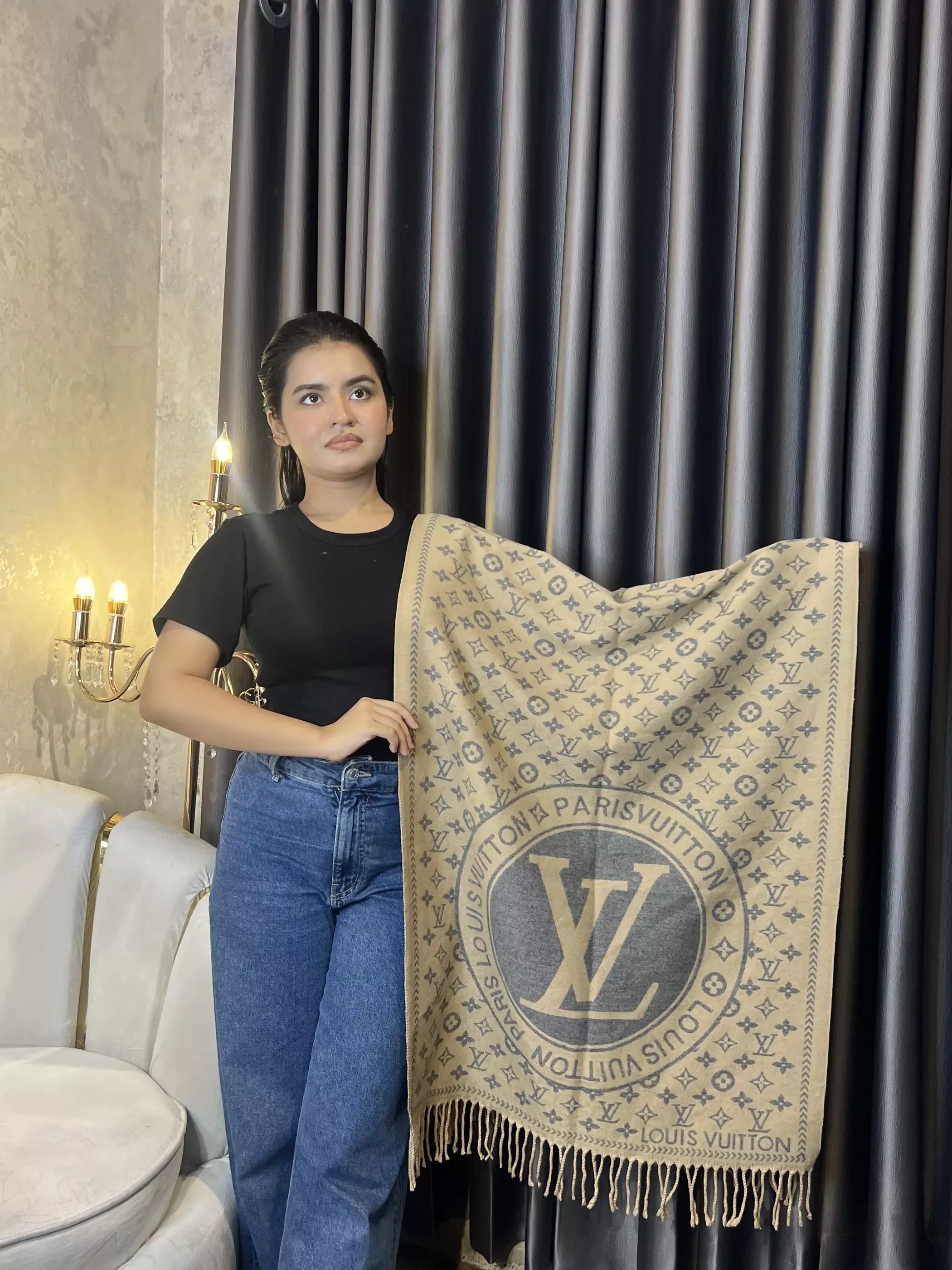 Winter Premium Shawl - LV-016 (Beige&Ash)