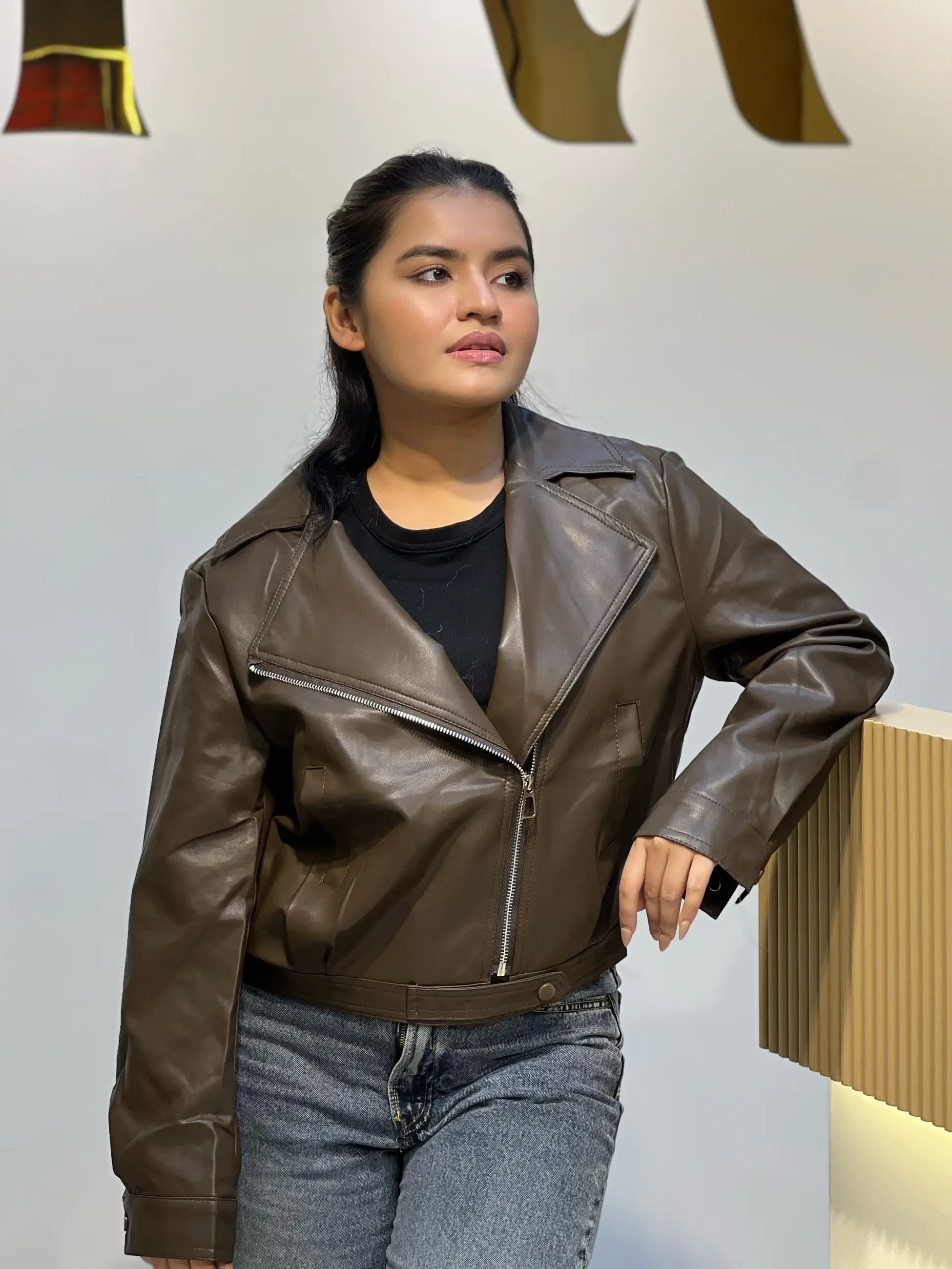 Elegant PU Leather Jacket-6201 (Coffee)