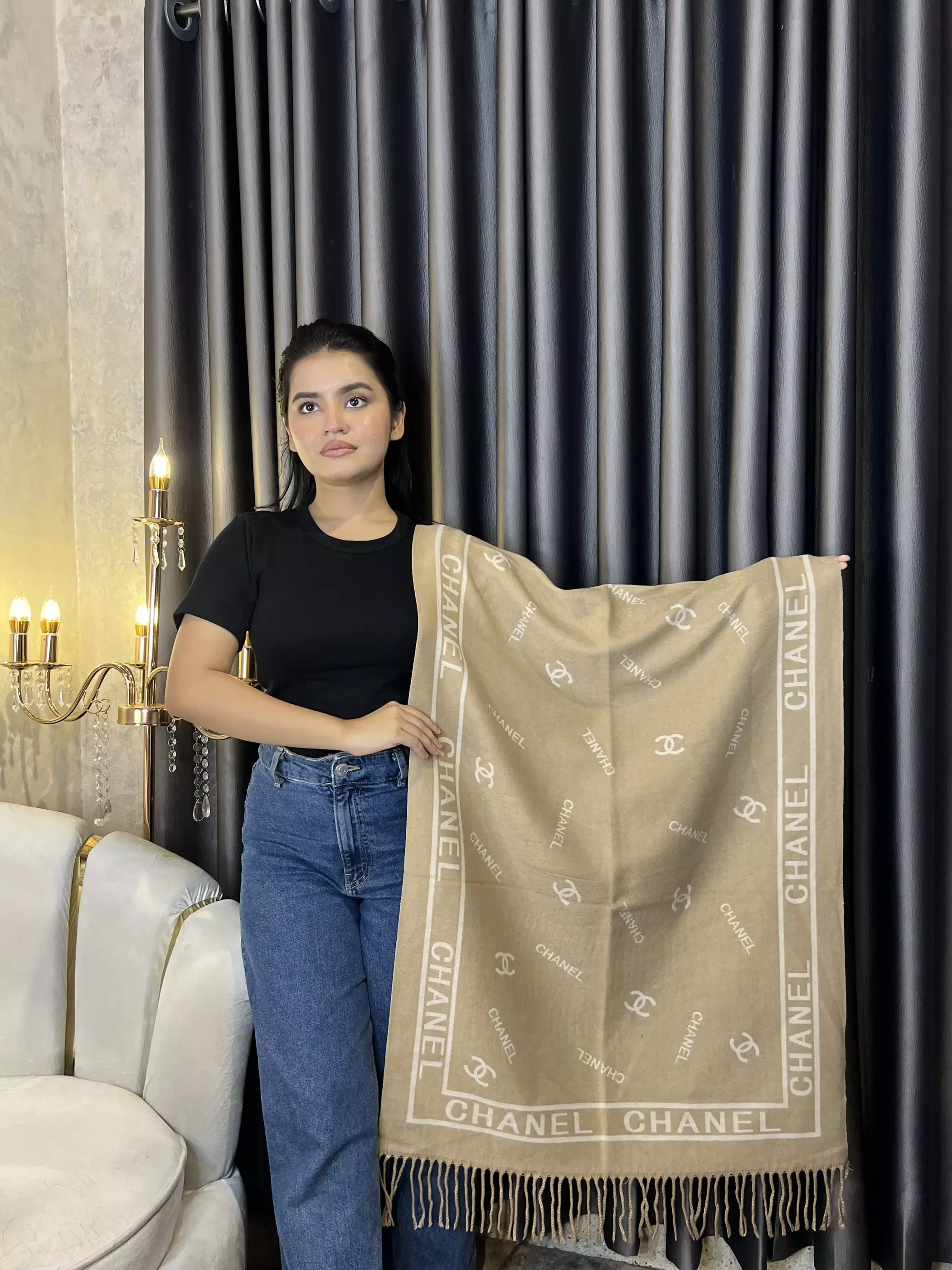 Winter Premium Shawl - CHN-001 (Khaki&White)