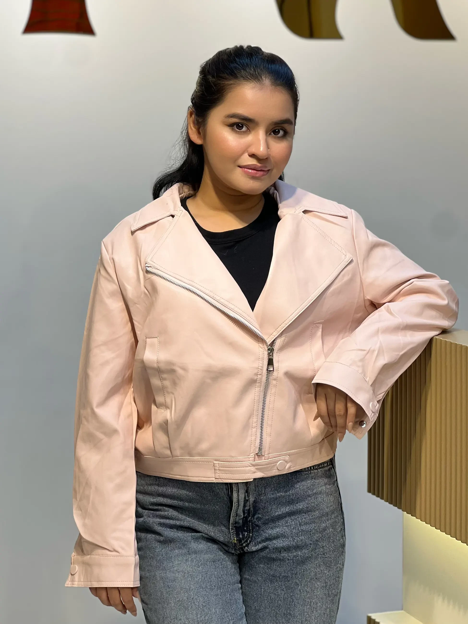 Elegant PU Leather Jacket-6201 (Pink)