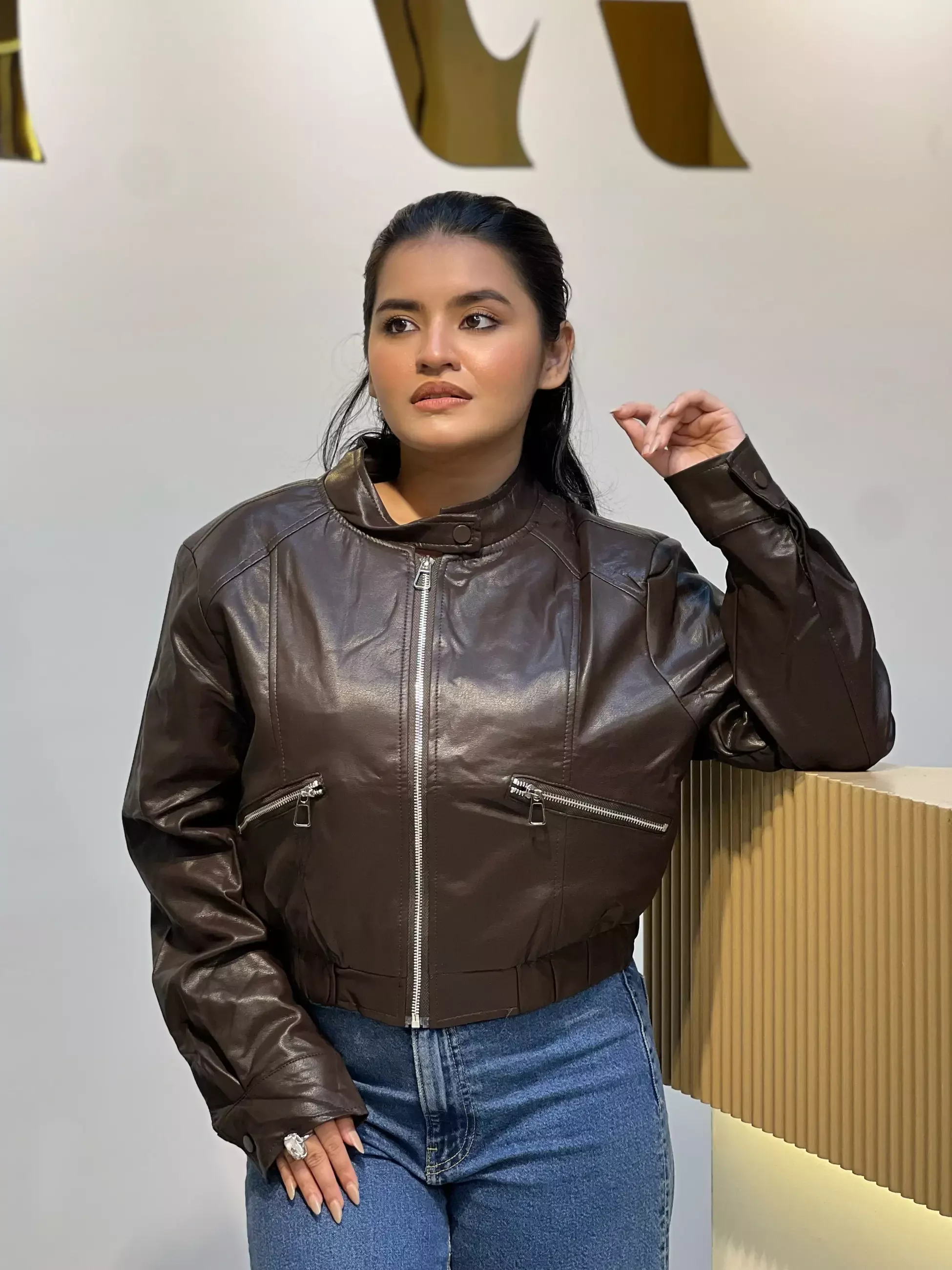 Elegant PU Leather Jacket-6283 (Coffee)