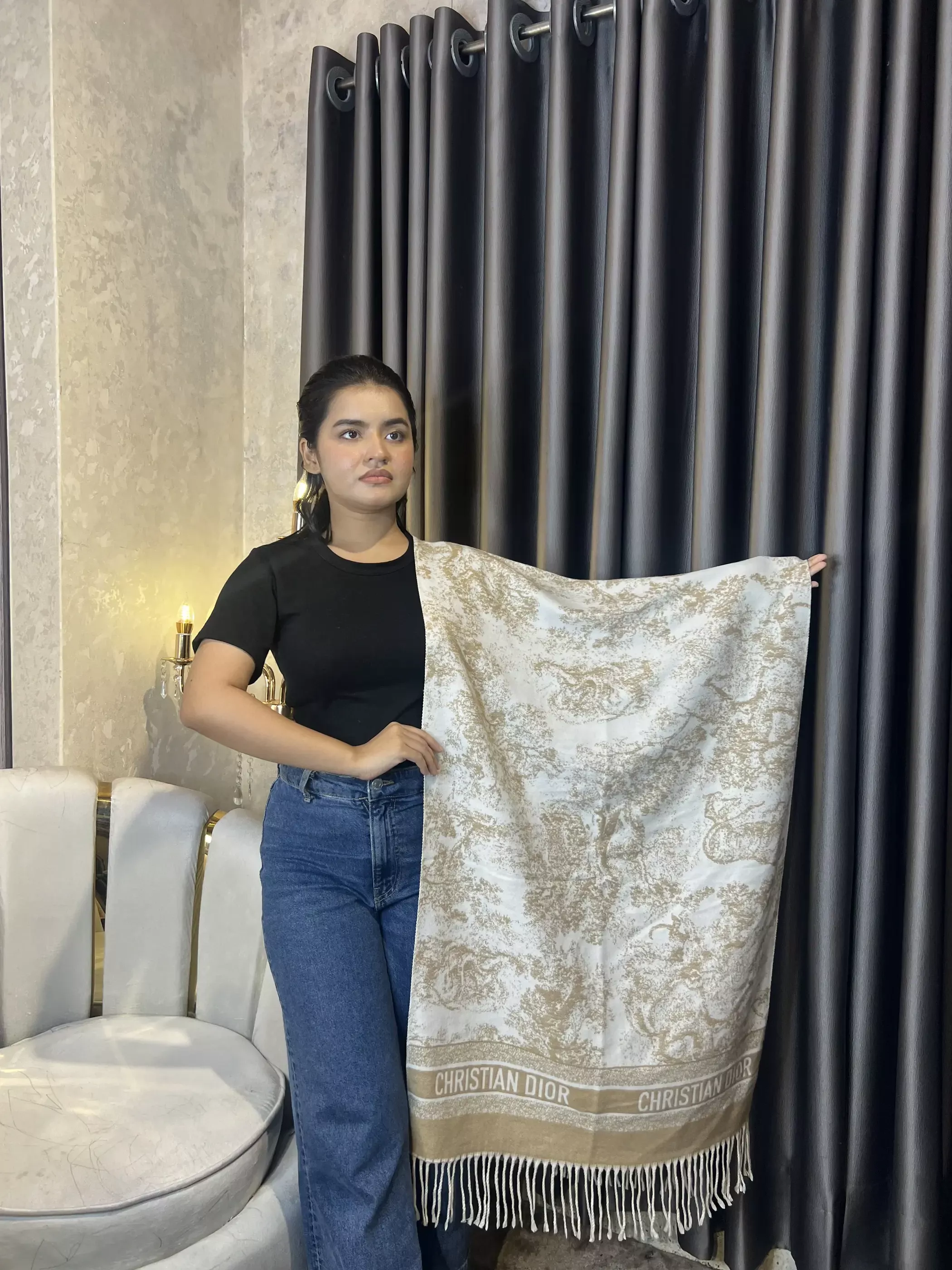 Winter Premium Shawl - CDR-005 (BEIGE/WHITE)