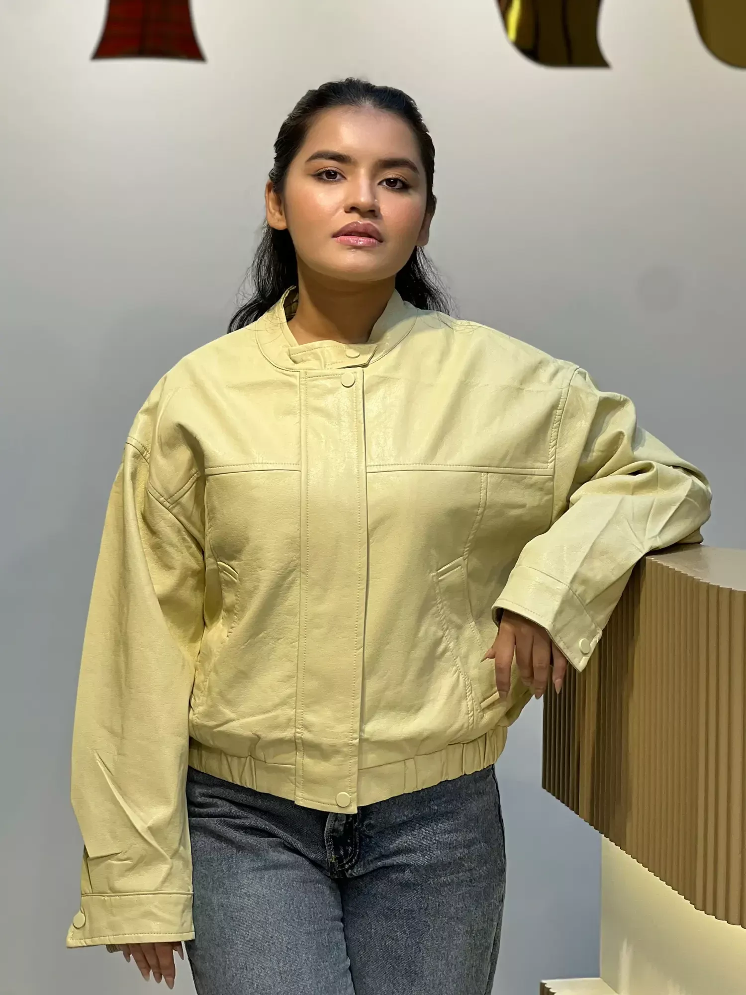 Elegant PU Leather Jacket-9071 (Light Yellow)