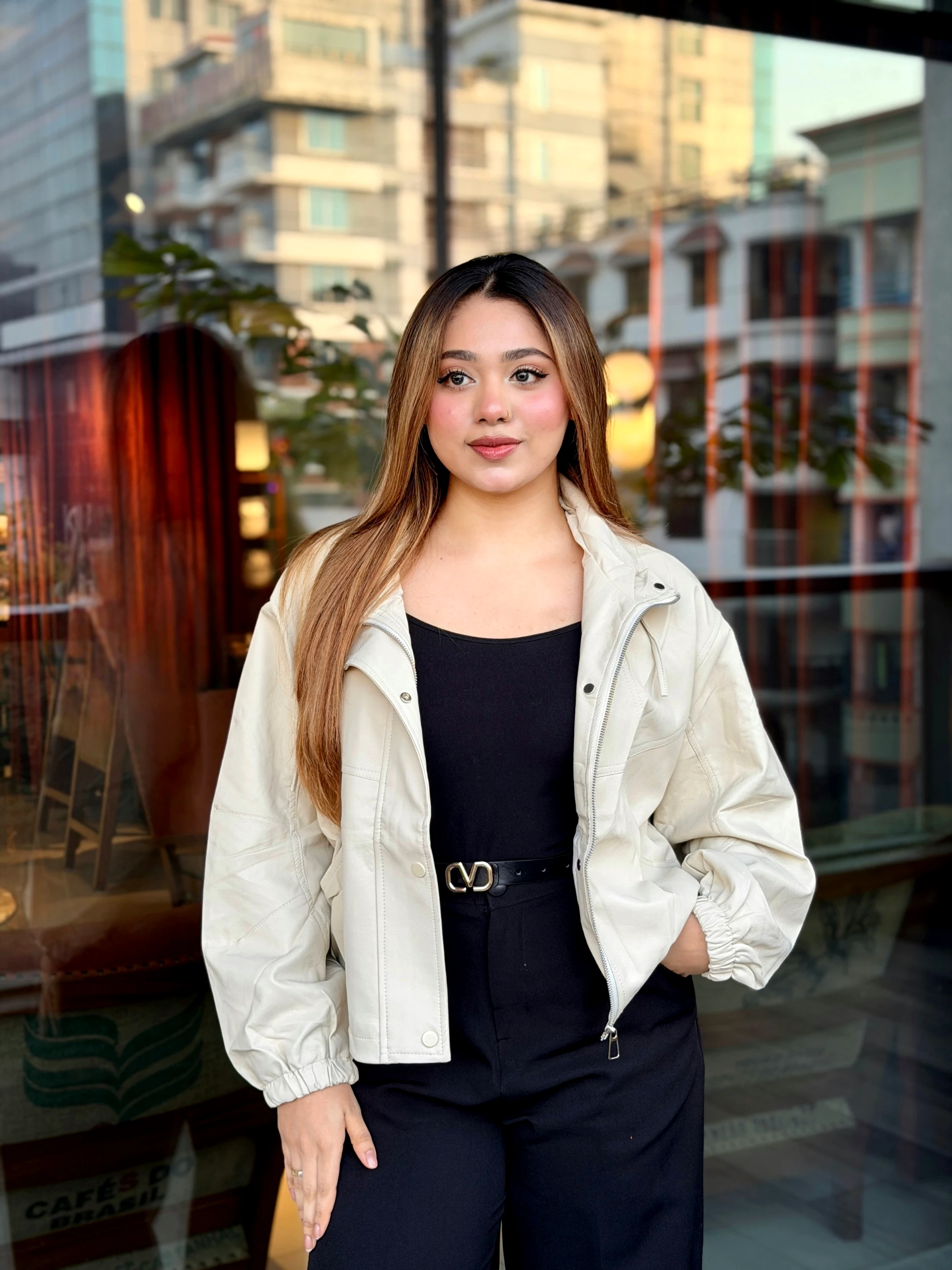 Elegant PU Leather Jacket-3001 (Cream)