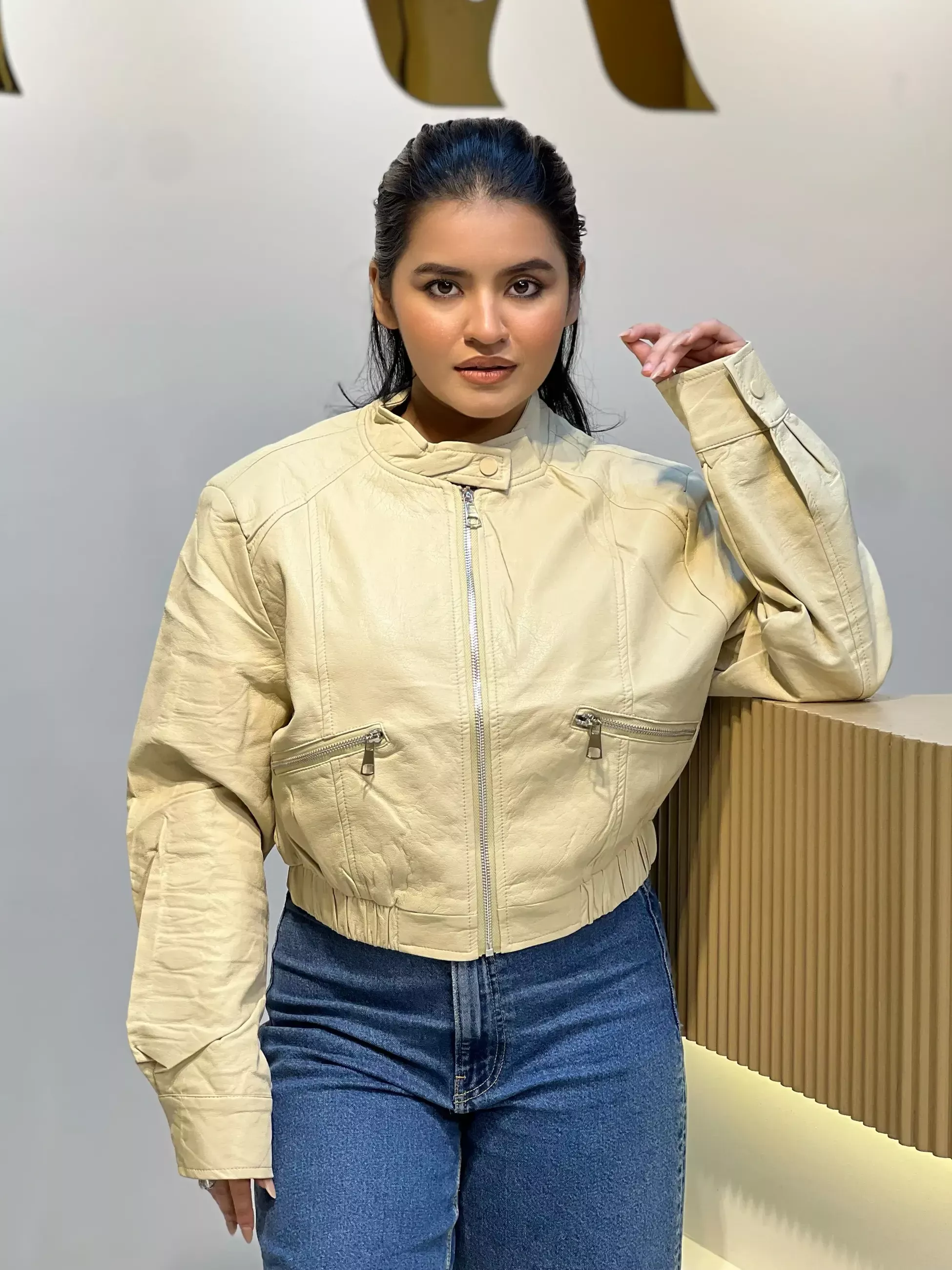 Elegant PU Leather Jacket-6283 (Beige)