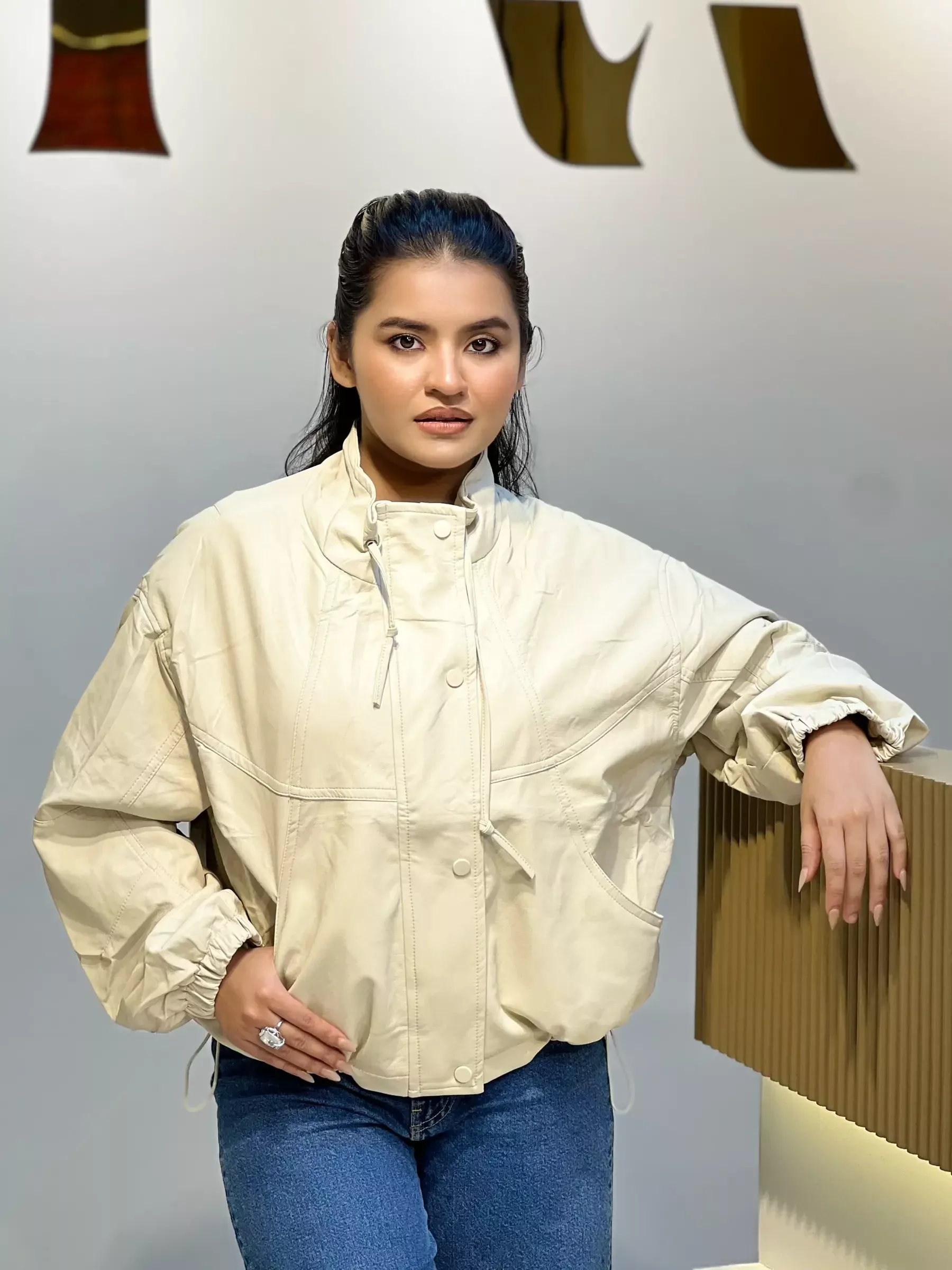 Elegant PU Leather Jacket-3001 (Cream)