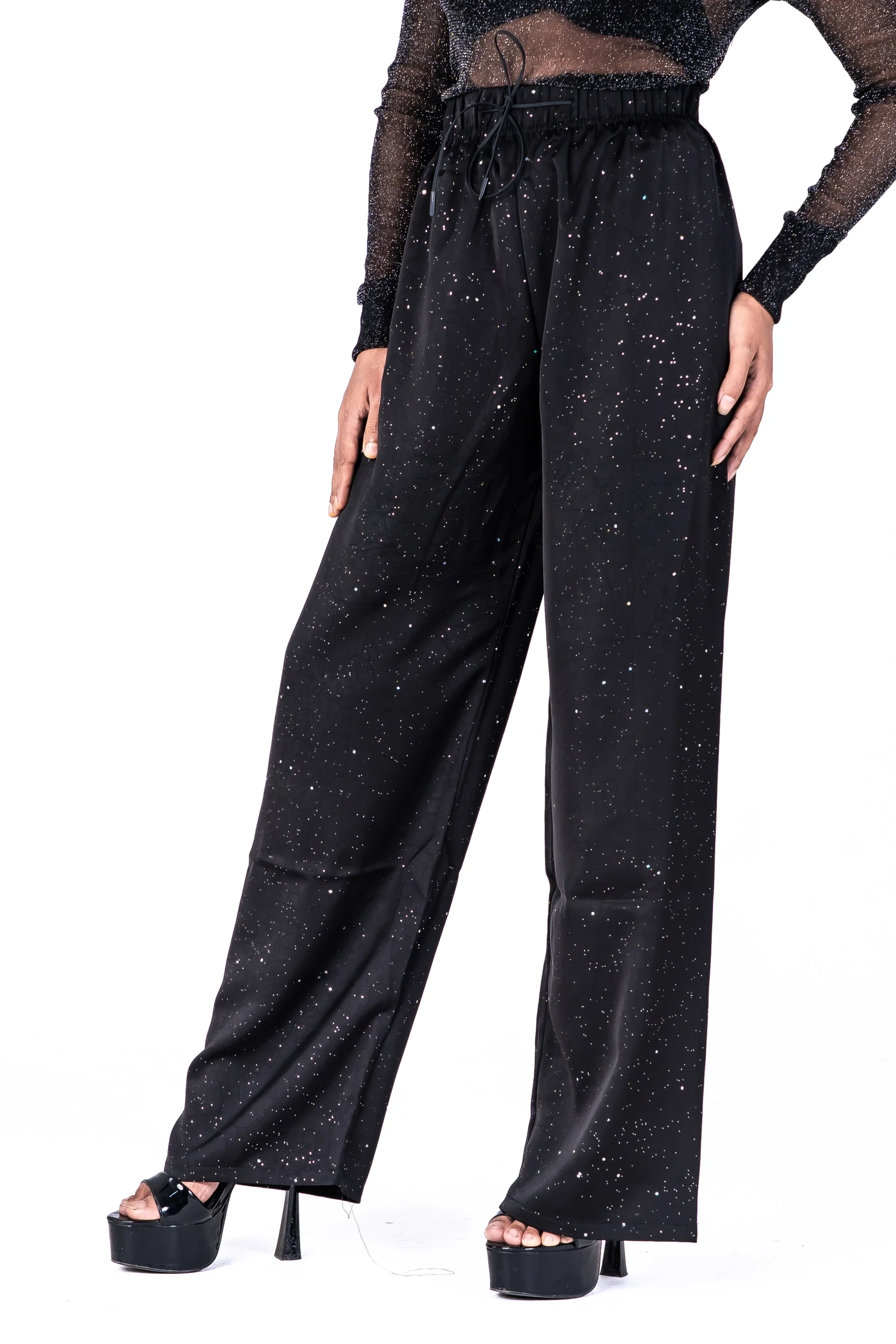 Exclusive Glittered Wide-Leg Palazzo Pant - 6828 (Black Glittered)